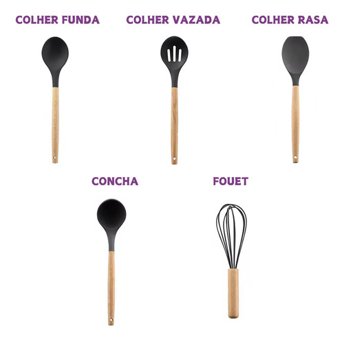 Kit De Cozinha 12 Peças Silicone Utensílios De Cozinha Preto