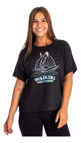 Remera Manga Corta Roxy Waikiki Negro Con Estampa