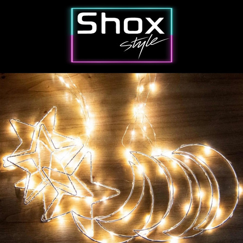 Imagen 5 de 10 de Cortina Luces Led Estrella Luna Alambre Enchufe 220 Cálido