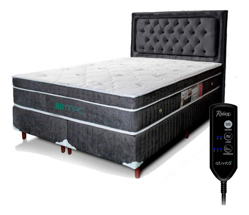 Cama Box Queen Colchão D45 Magnético Massageador Cabeceira Cinza Escuro Cabeceira Cinza