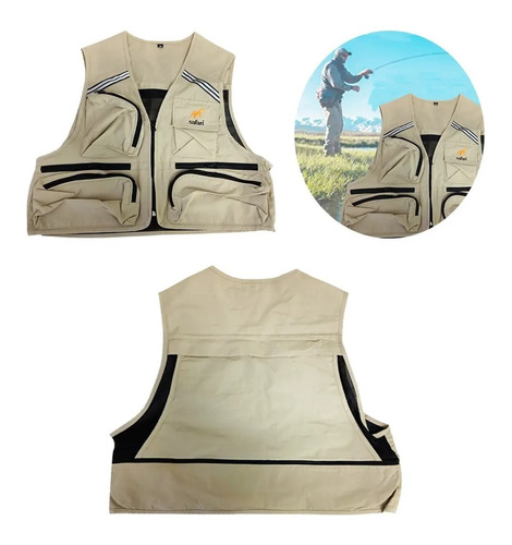 Chaleco De Pesca Safari Camping Beige Oscuro 6 Bolsillos