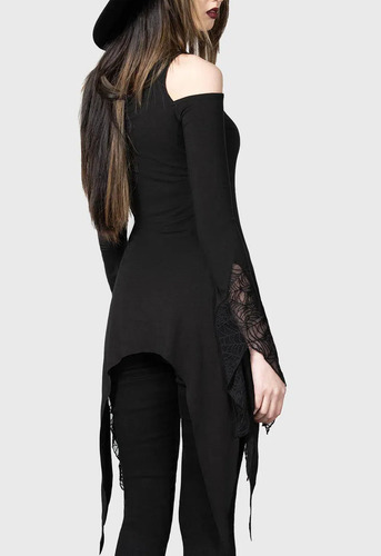 Blusa Gótica Asimétrica Con Encaje Y Hombro Descubierto