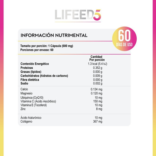 Imagen 7 de 8 de Lifeed Skin Colágeno, Ácido Hialurónico, Q10, Vitamina E Y C