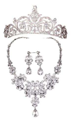 Tiara Con Peineta Gargantilla Aretes Cristal Xv Año Novias