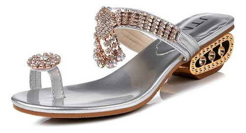 Sandalias Sexy Diamantes  Imitación, Tacón Bajo Dorado Mujer