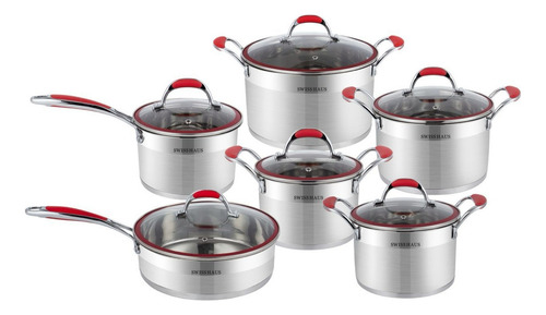 Batería Cocina 12p Swiss Haus Acero Inox Agarraderas Silicon Color Plateado