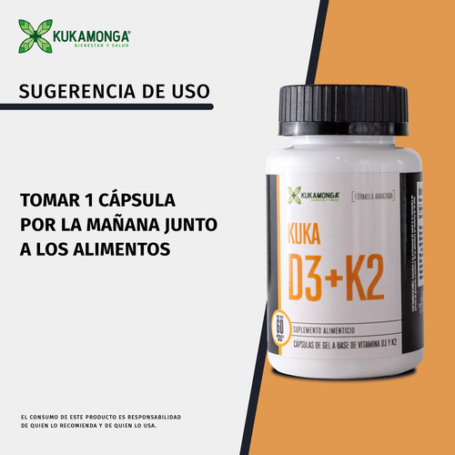 Kuka D3 + K2 | Apoya la absorción de calcio | Contribuye a huesos fuertes y función muscular | Favorece el metabolismo energético | 60 cápsulas | Dura 60 días | Uso diario recomendado | Kukamonga