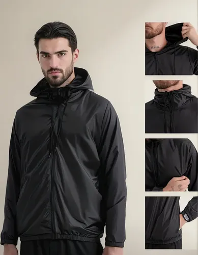 Colagem de fotos da jaqueta corta vento preta T&G mostrando visão frontal e detalhes de capuz e bolsos