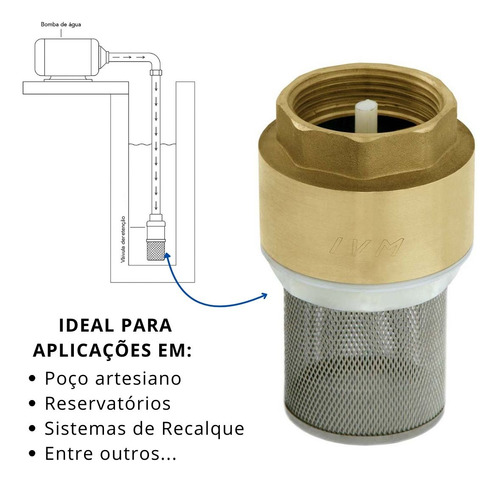 Válvula de Retenção Sucção 1 Fundo de Poço Em Latão Forjado Com Filtro Inox Industrial IVM Italy