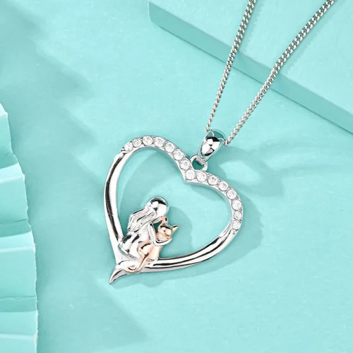 Imagen 2 de 4 de Collar Colgante Plata 925 Corazón Gato Mujer Amor Mascota