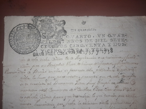 Vint_retro Papel Sellado Documento Antiguo Año 1757 (Usado)