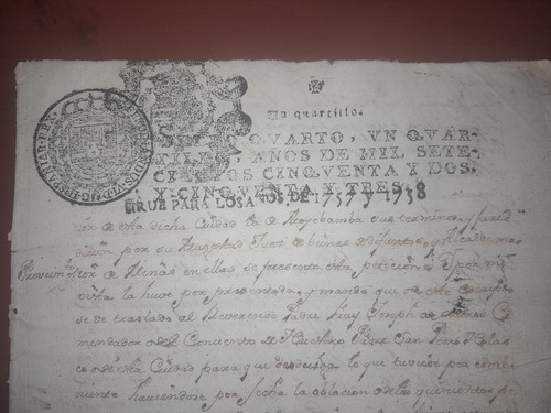 Vint_retro Papel Sellado Documento Antiguo Año 1757