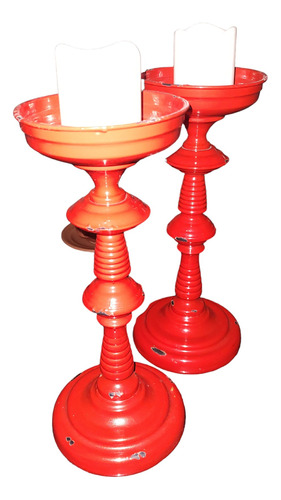 Candelabro De Chapa Enlozado Rojo Vintage X 36 Cm- Setx2 