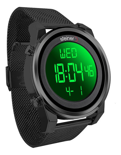 Reloj Digital De Dama Diseño Tejido Acero Inox Steiner 28 Mm Correa Negro Bisel Negro Fondo Negro