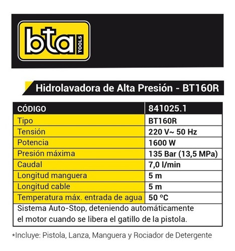 Hidrolavadora eléctrica Bta Tools BT160R de 1600W con 135bar de presión máxima 220V - 50Hz