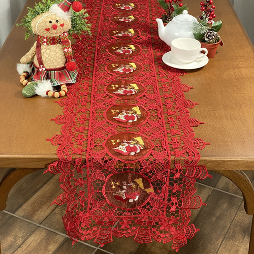 Sendero navideño para mesa, 2,20 m, guippir, bordado navideño, color rojo