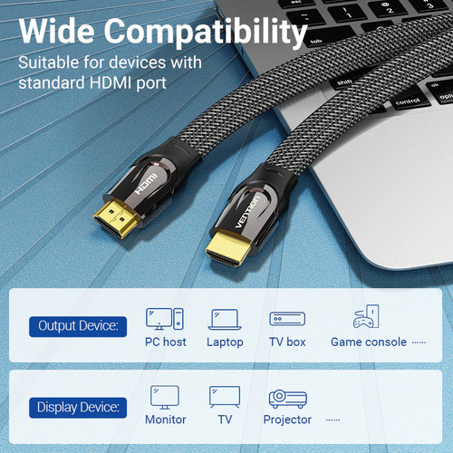 Cable Hdmi Vention 2.0 - 1 Metro - Ultra HD 4k 60hz - Certificado Profesional - Hdr Arc HDCP 3D 18Gbps - Cable Plano Trenzado Blindado - Premium - Para Smart TV / PC / Notebook / Monitor - AASBF