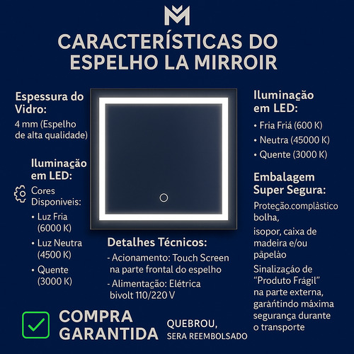 Espelho Retangular Horizontal Jateado Com Led Touch 50x70