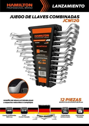 Imagen 3 de 10 de Set Llaves Combinadas Acodada Alemanas 12 Pz Hamilton 6-19mm