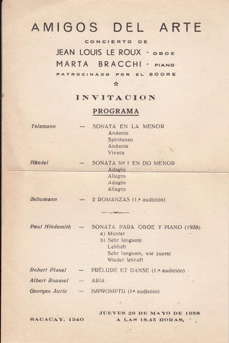 1958 Amigos Del Arte Programa Concierto Le Roux Bracchi Raro