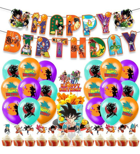 Set 18 Globos Látex Dragon Ball Goku Vegeta Letrero Fiesta 