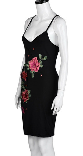 Imagen 5 de 6 de Vestido Negro Flores Bordadas Talla M Nuevo Importado Stock