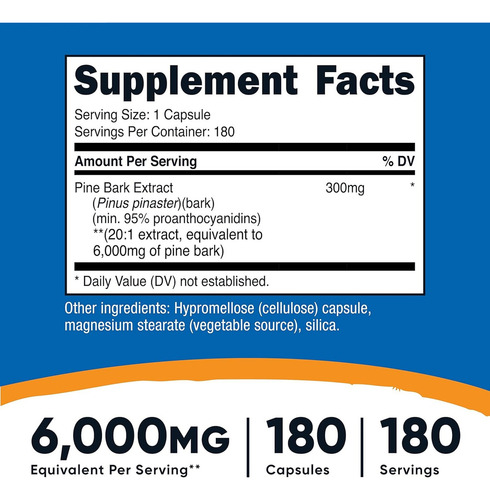 Nutricost Pine Bark Extract 6000 Mg Corteza Pino 180 Cáps Sabor Sin Sabor