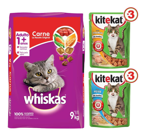 Alimento Gato Whiskas 9kg + Humedo Kitekat Pollo Y Pescado