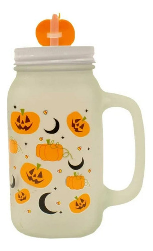 Vaso Tarro Con Popote De Vidrio Diseño Halloween De 710 Ml