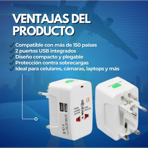 Adaptador Enchufe Universal Ac Viajero + Cargador 2 Usb
