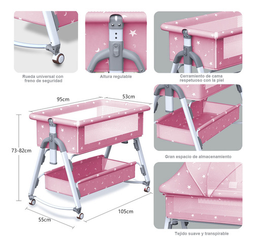 Cuna Plegable Portátil Mosquitero Bebe Colchon Niños, Cama Altura Regulable Mosquitero Abatible,Colecho Cuna Multifuncional, Corral Con Colchón Mosquitera Color Rosa