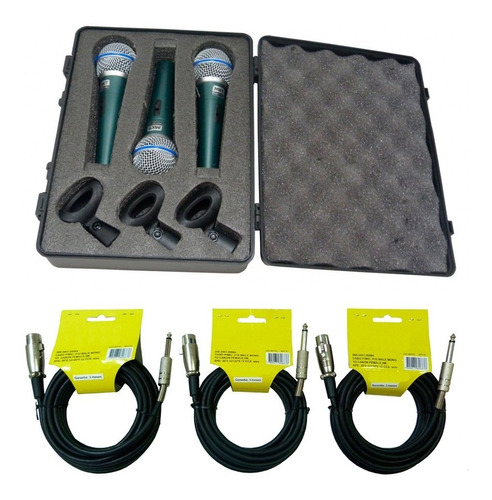 Kit 3 Microfones Profissionais Bt58a Cabos+cachimbos+maleta