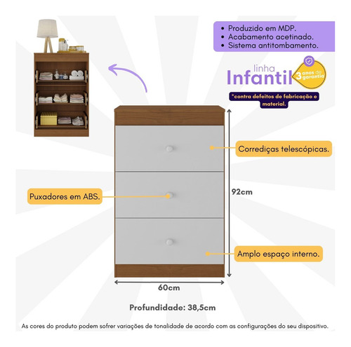 Cômoda Infantil com 3 Gavetas Doce de Leite Multimóveis MP2676 Madeirado/Branco