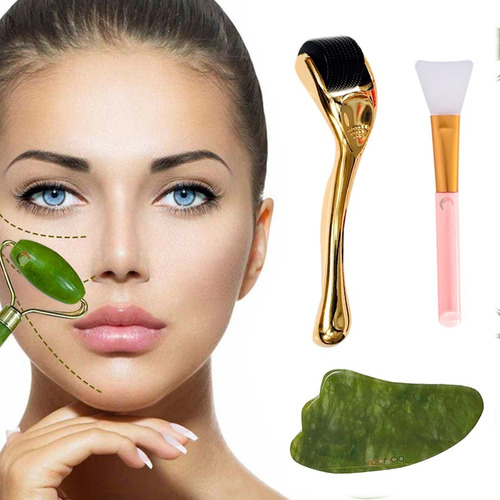 Kit Belleza Masajeadores Jade Guasha Dermarroller Y Espátula