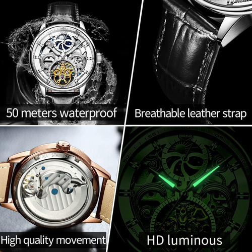 Olevs Reloj Esqueleto Para Hombre Vestido De Lujo Cuero Negr