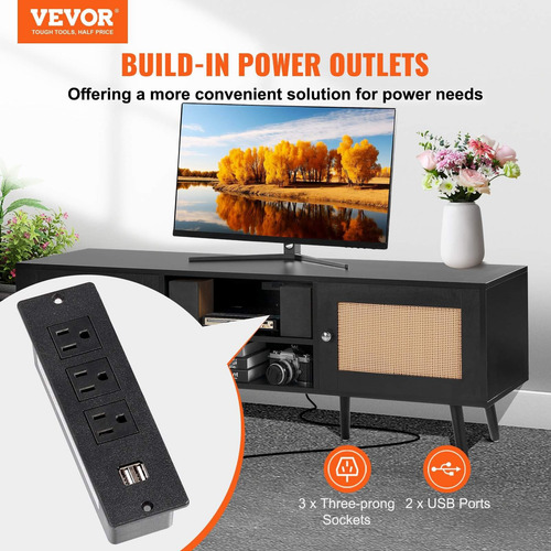 Mueble De Tv Ratán 65 PuLG Toma De Corriente Color Negro