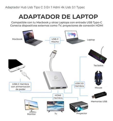 Adaptador Usb Tipo C 3 En 1 Hdmi 4k, Usb 3.1 , Type C, Wi134