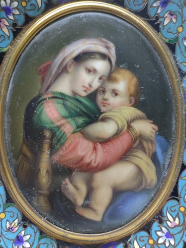 Antigu Benditero Madonna Virgen Silla Niño Cloisonne France