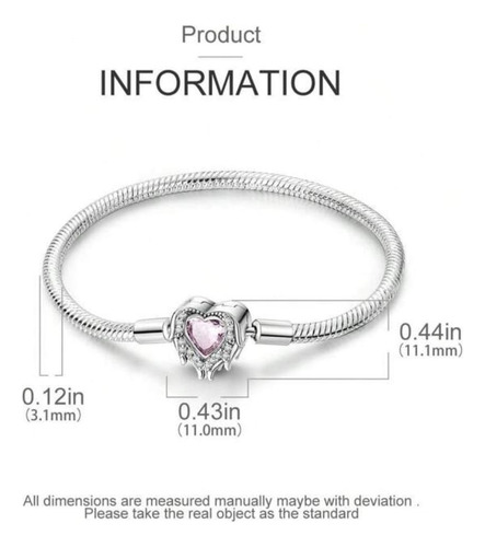 Pulsera Para Charms Plata Real S925, Corazón Rosa, Brazalete