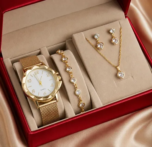 Relogio Feminino Kit Colar Brincos Pulseira Folheado A Ouro