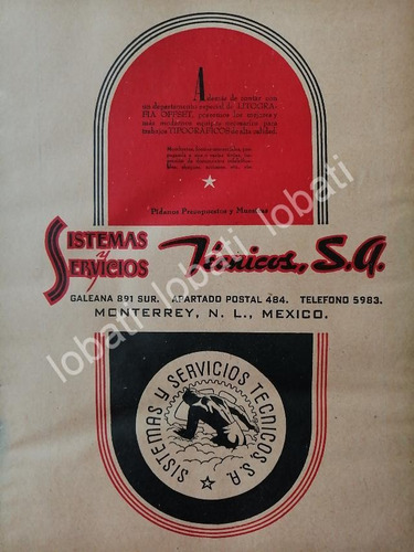 Cartel De Sistemas Y Servicios Tecnicos Sa 1942  Monterrey