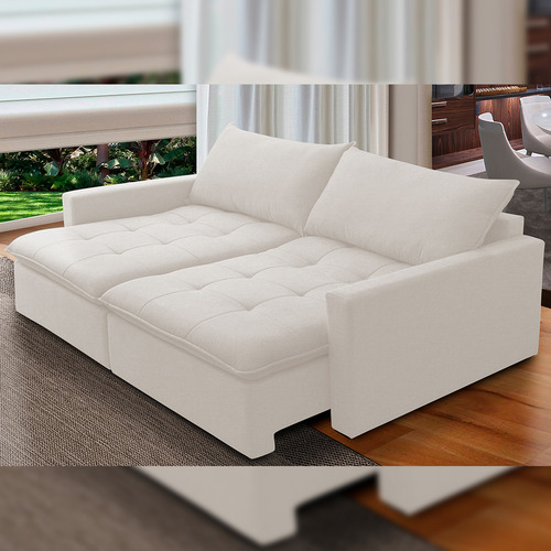 Sofá Cama Retrátil Reclinável Sala 208cm Lari Bouclê Cru