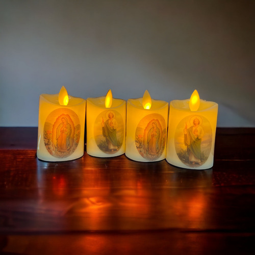 4 Veladoras Led Efecto Flama Virgen Guadalupe San Judas 7cm