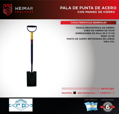 Imagen 2 de 9 de Pala De Punta De Acero Con Cabo De Hierro Fg Fab.nacional