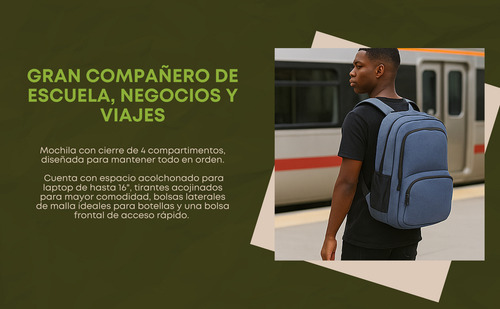 Mochila Para Laptop Hasta 16 Pulgadas, Backpack De Viaje Unisex Juvenil Múltiples Compartimentos