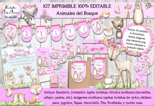 Kit Imprimible Animales Del Bosque Rosa 100% Editable