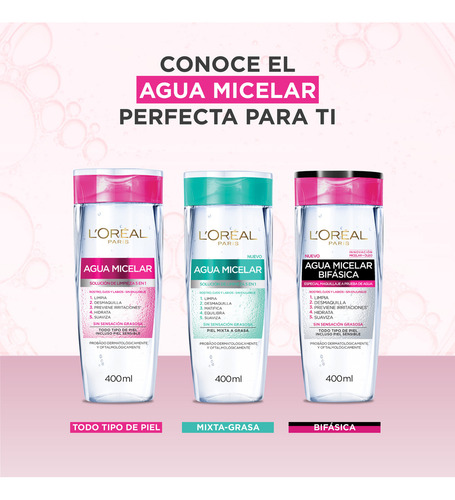 Agua Micelar Loreal París Bifásica Todo Tipo De Piel 400 Ml