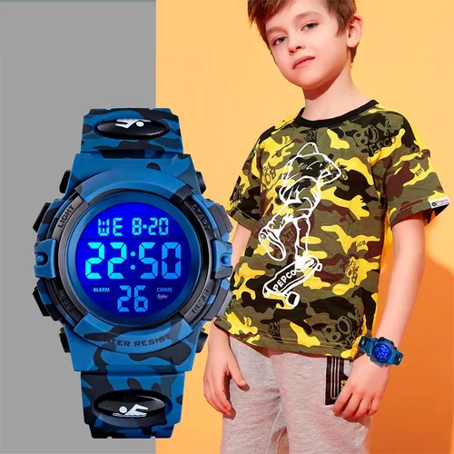 Reloj Niños Deportivo Led Contra Agua Camuflaje Militar Nado Color de la  correa Azul oscuro