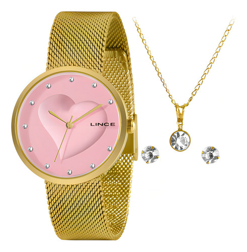 Kit Lince Relogio Feminino Lrgh160l Kp06 Dourado Coraçao 3d Cor do fundo Rosa
