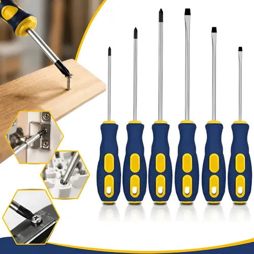 Kit Jogo De Chave De Fenda / Phillips Com 6 Peças Imantadas Azul Com Amarelo